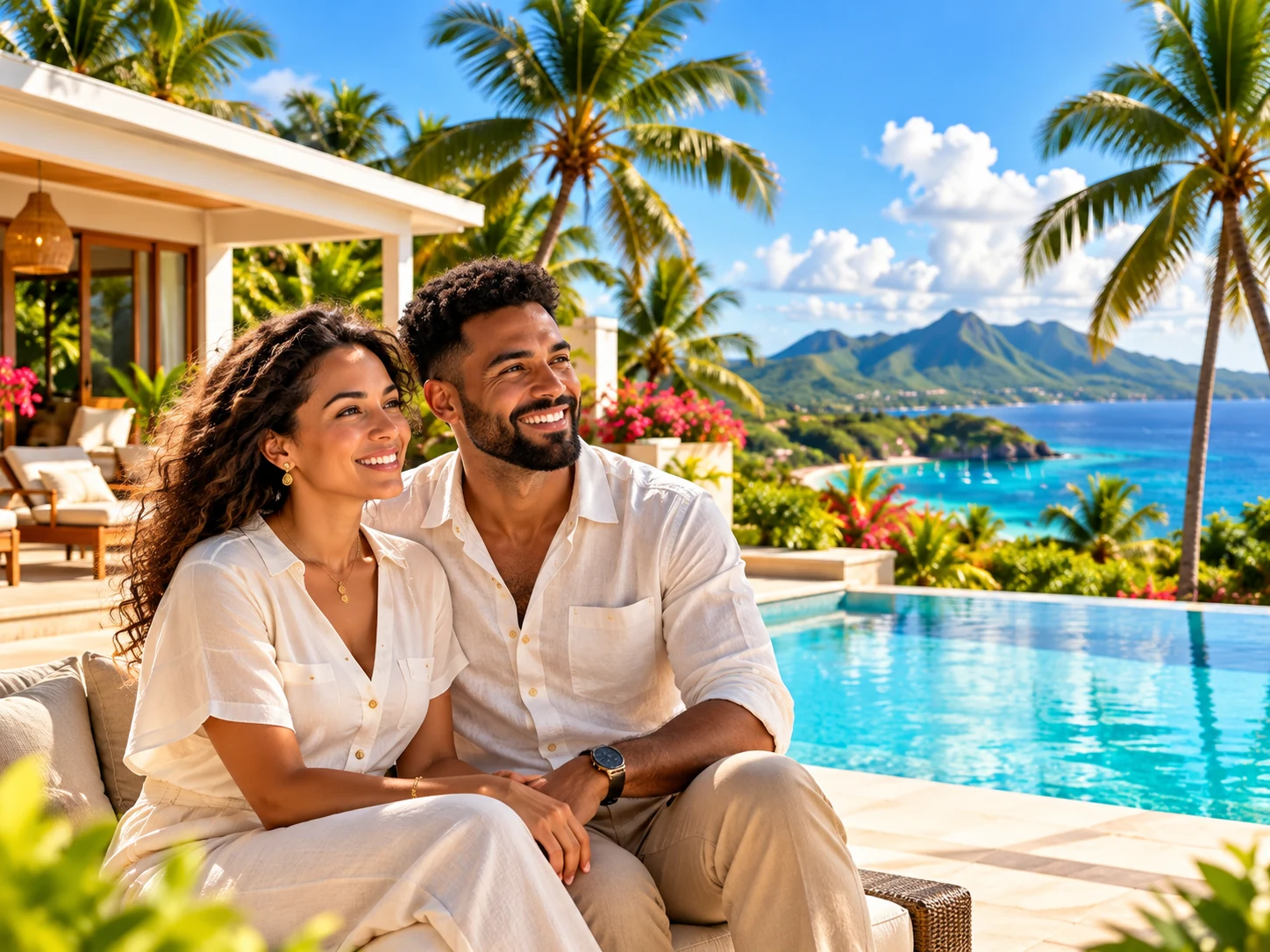 Paméla et Lucien devant leur villa et sa piscine en Guadeloupe